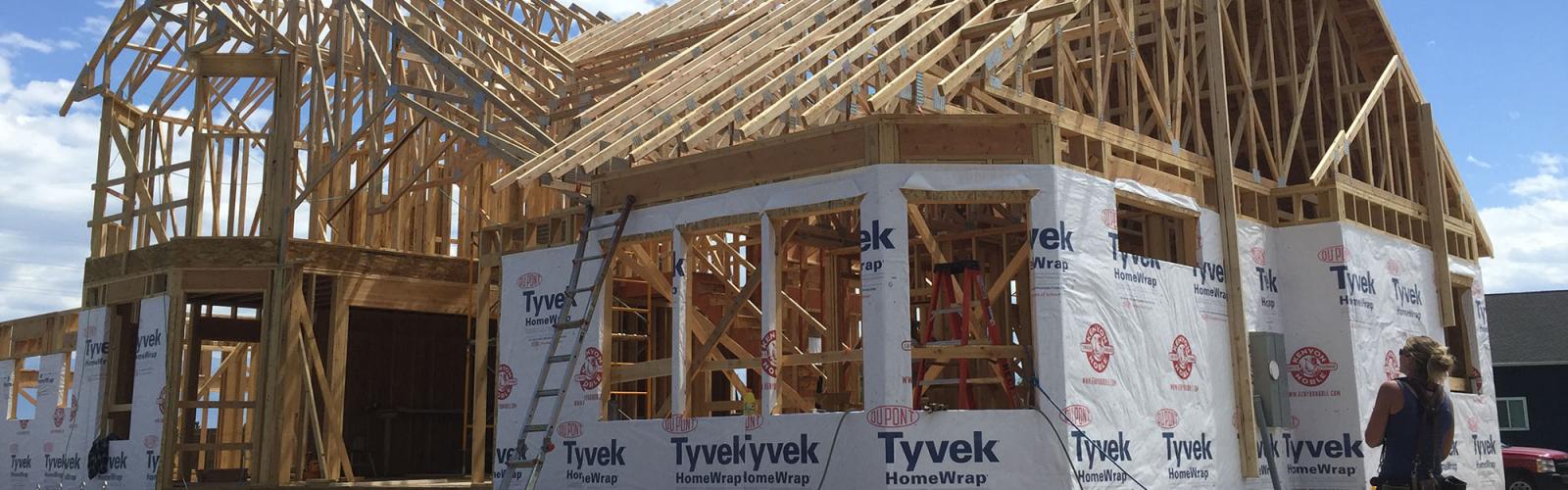 roof trusses set and braced before sheathing